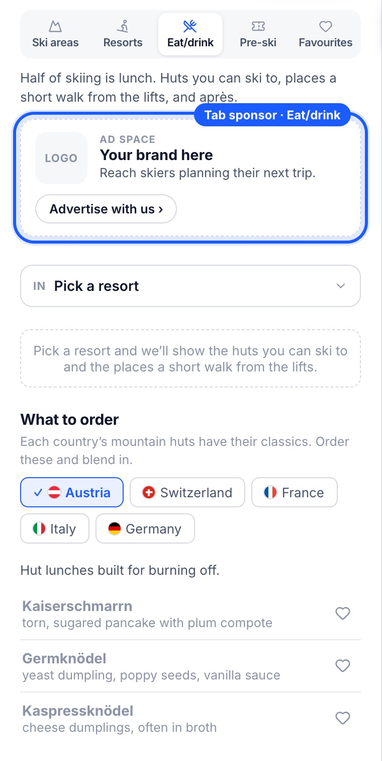 The Eat/drink tab with the tab sponsor card marked